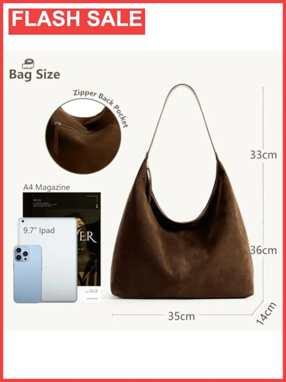 Slouchy Vegan Leather Crescent Hobo Tote Bag Zipper Shoulder Purse